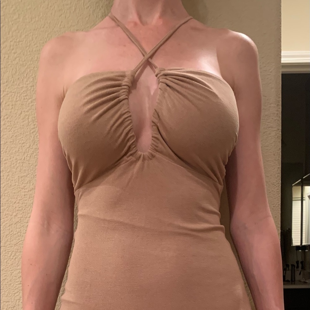 Mahina halter style tan mini dress Sz M NWOT